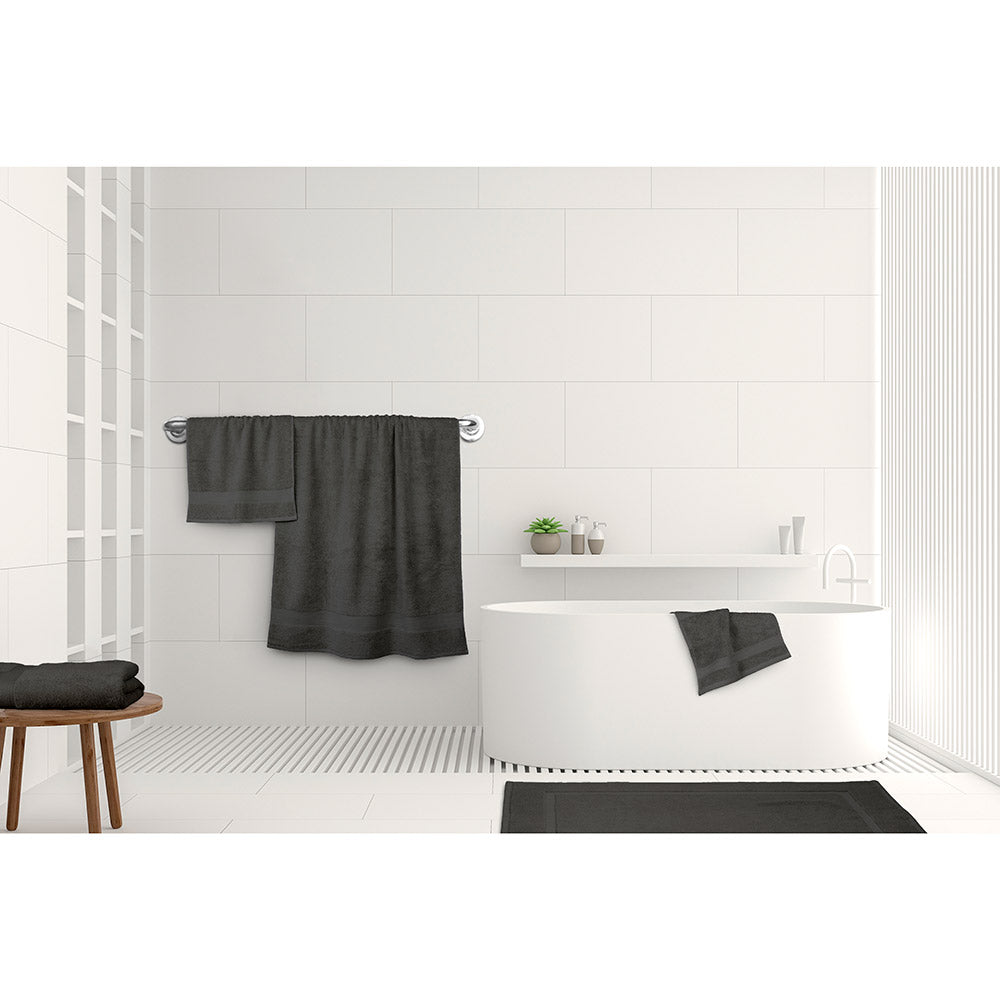 Algodon St Regis Bath Towels Charcoal grey at MyHouse. Bath towel, bath sheet, bath mat, hand towel and facewasher displayed in a bathroom