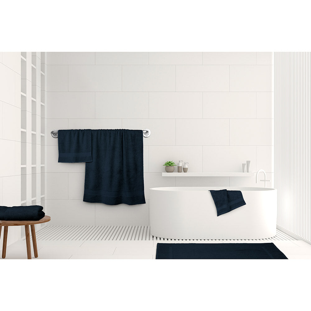 Algodon St Regis Bath Towels Navy blue at MyHouse. Bath towel, bath sheet, bath mat, hand towel and facewasher displayed in a bathroom