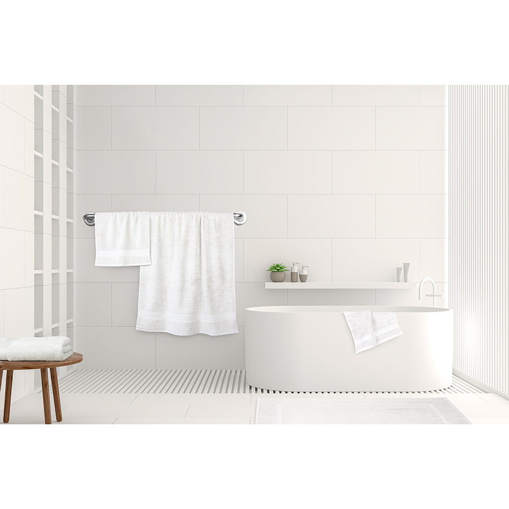 Algodon St Regis Bath Towels White at MyHouse. Bath towel, bath sheet, bath mat, hand towel and facewasher displayed in a bathroom