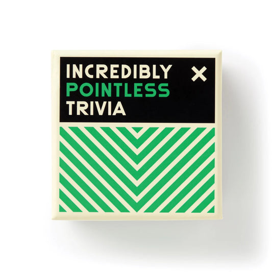 Top view of a trivia box titled incredibly pointless trivia.