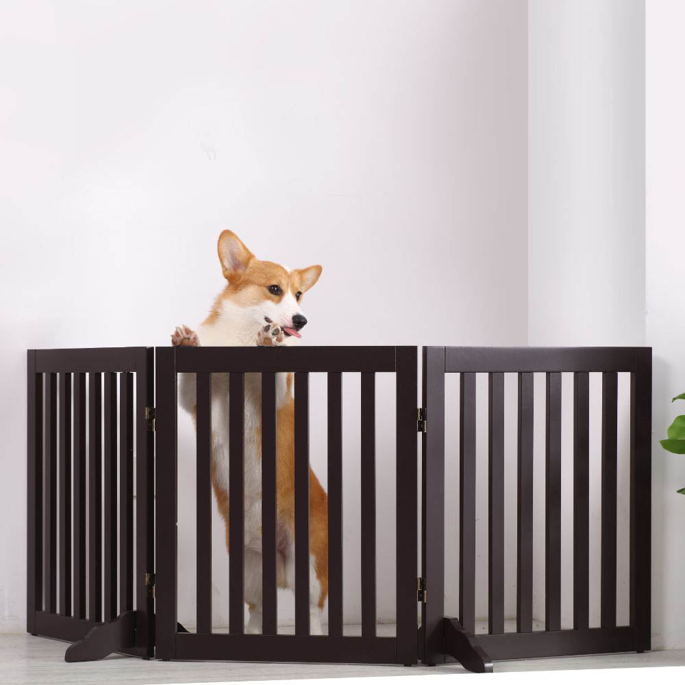 Charlie's Pet Durable Wooden 3 Panel Freestanding Pet Gate Brown