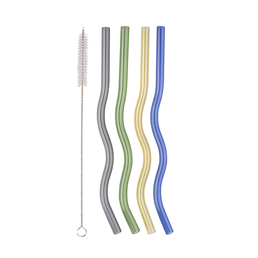 Appetito Set 4 Glass Wiggly Straw with Brush