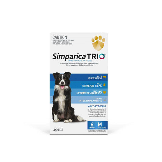 Simparica Trio Flea, Tick & Worming Treatment Medium Dog 10.1 - 20kg 6 Pack