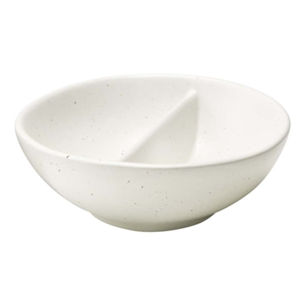 Two section salt dish with a divider in the middle to keep condiments separate.