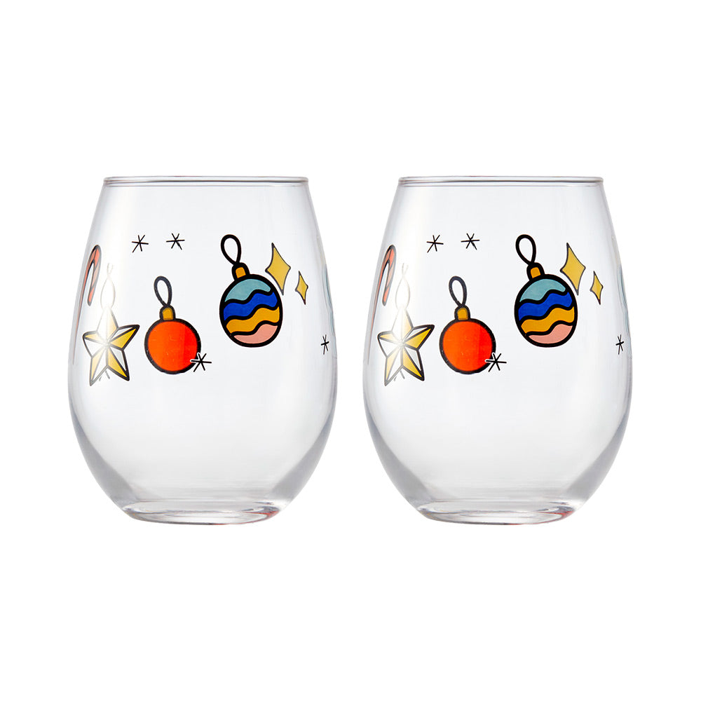 Ambrosia Santas Workshop Set of 2 Stemless Glasses - Designs May Vary