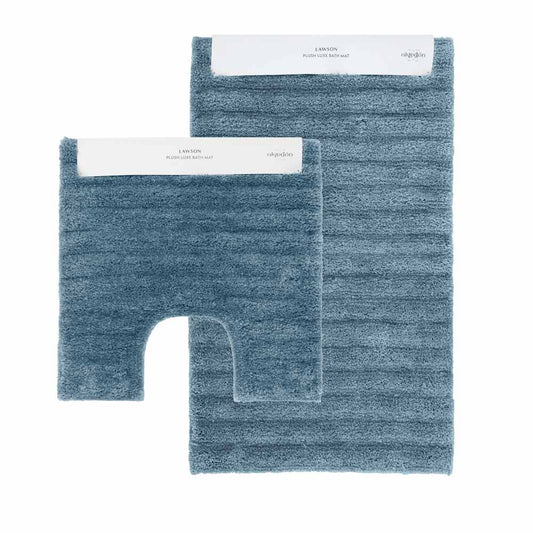 Algodon Lawson Plush Bath Mat 2 Piece Set in Denim blue including bath mat and contour mat set at MyHouse