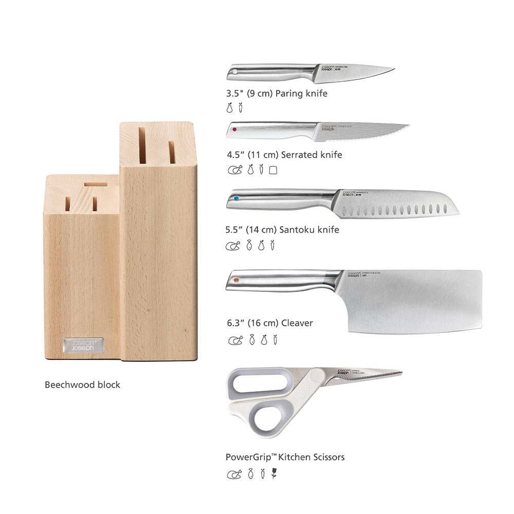 Joseph Joseph Elevate Fusion 5 Piece Knife, Cleaver and Scissor Set with Beechwood Block