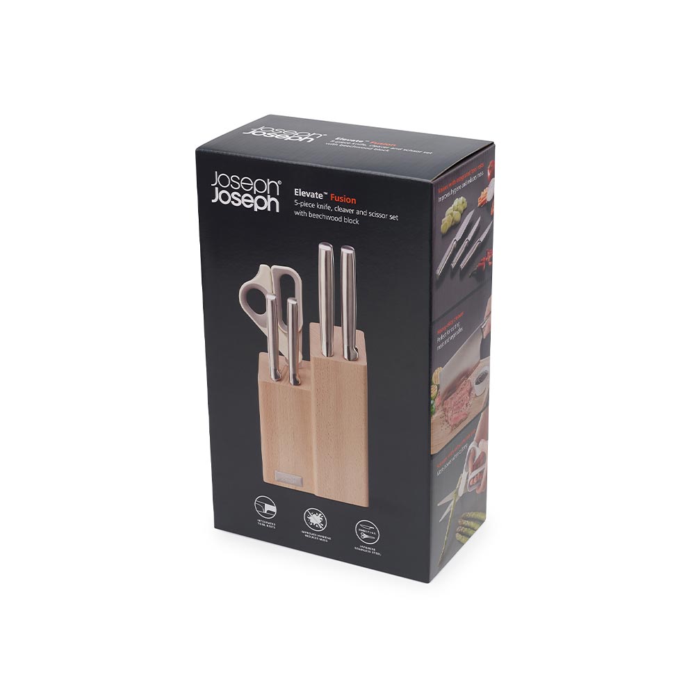 Joseph Joseph Elevate Fusion 5 Piece Knife, Cleaver and Scissor Set with Beechwood Block