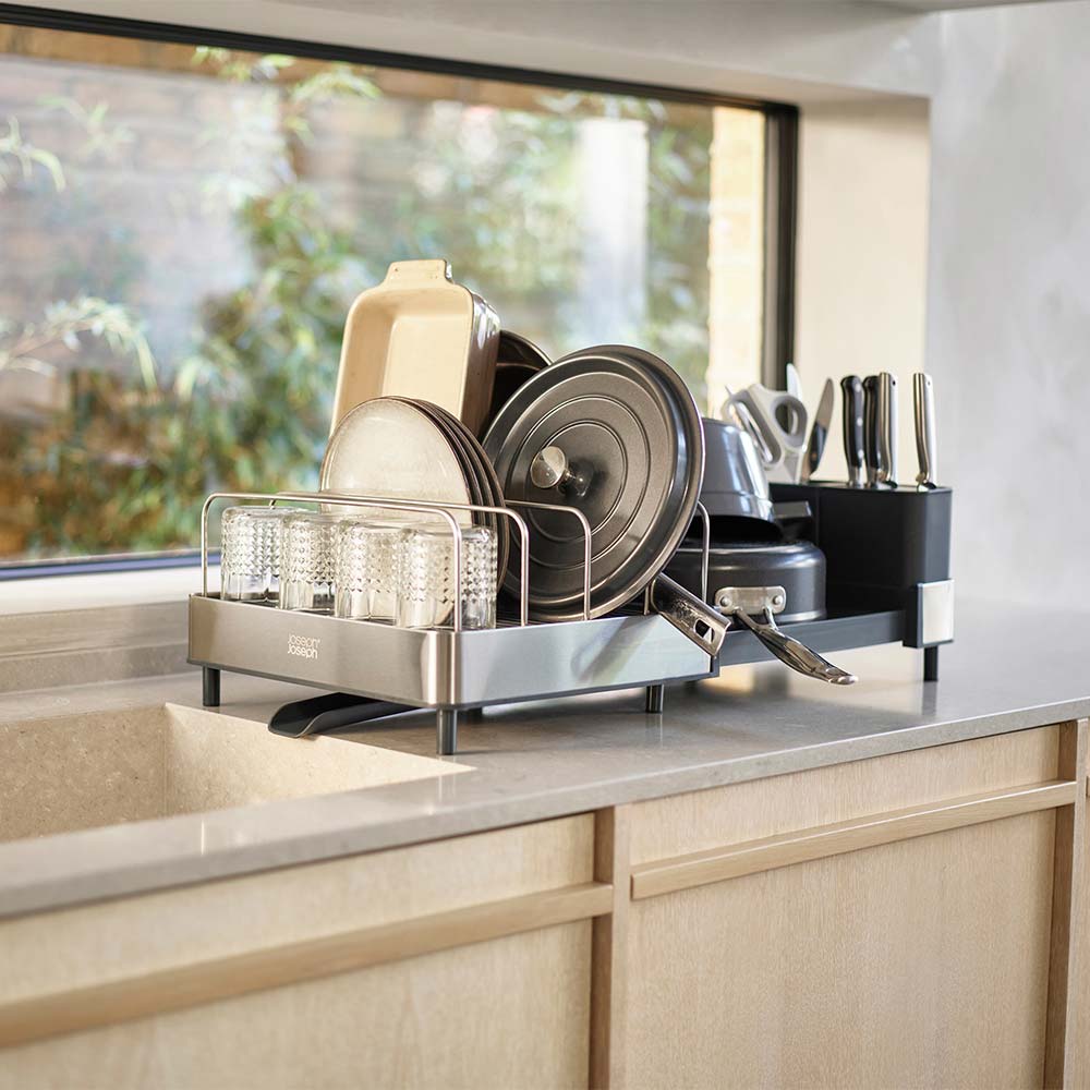 Joseph Joseph Extend Max Steel High-Capacity Expanding Cookware Dish Rack with Draining Spout