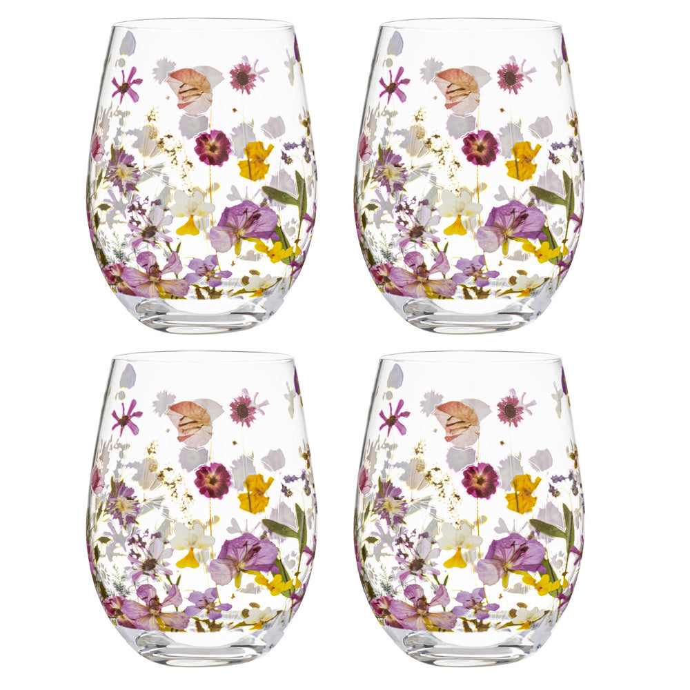 Ashdene Pressed Flowers Set Of 4 Glass Tumblers