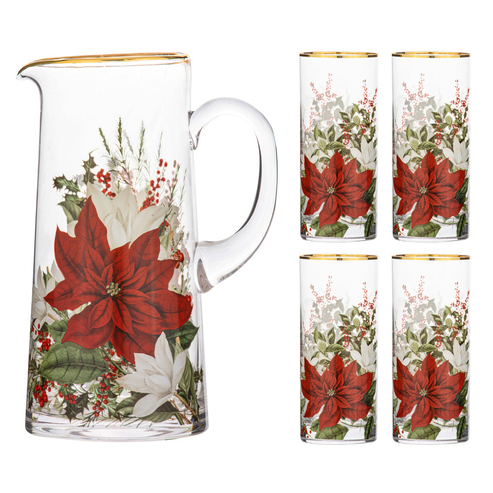 Ashdene Poinsettia Glass Jug & 4 Tumblers Set