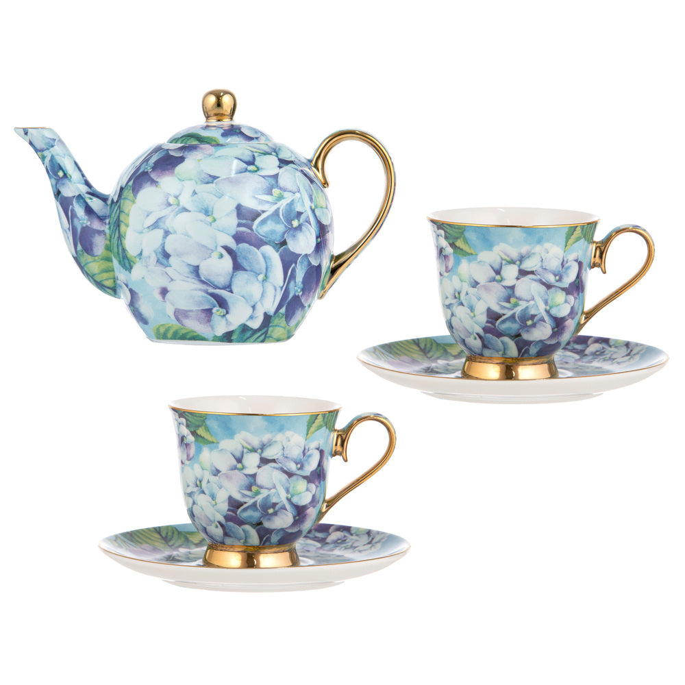 Ashdene Bold Blooms Blue Hydrangea Teapot & Set of 2 Teacups