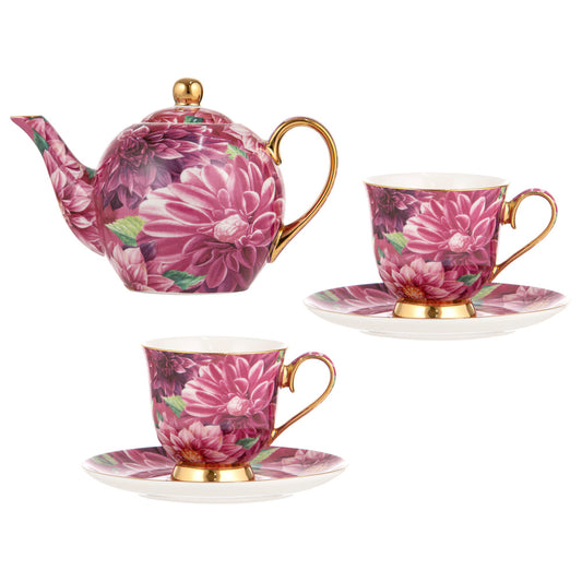 Ashdene Bold Blooms Pink Dahlia Teapot & Set of 2 Teacups