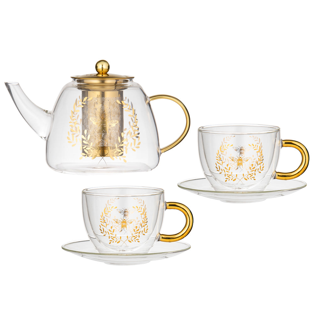 Ashdene Elegant Bee Glass Teapot & Set Of 2 Teacups