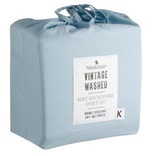 Blake & Lindsay Vintage Washed Microfibre sky color sheet set packaged in a matching fabric storage bag