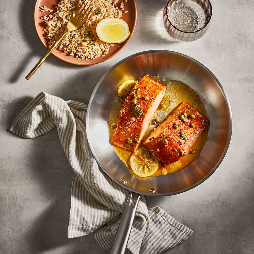 Baccarat Gourmet Stainless Steel Frypan 26cm with lemon and caper salmon fillets at MyHouse