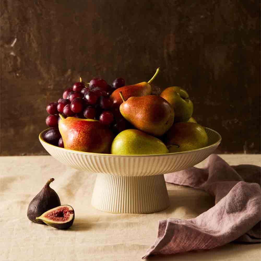 Stoneware ribbed Footed Serving Bowl filled with fruit - MyHouse
