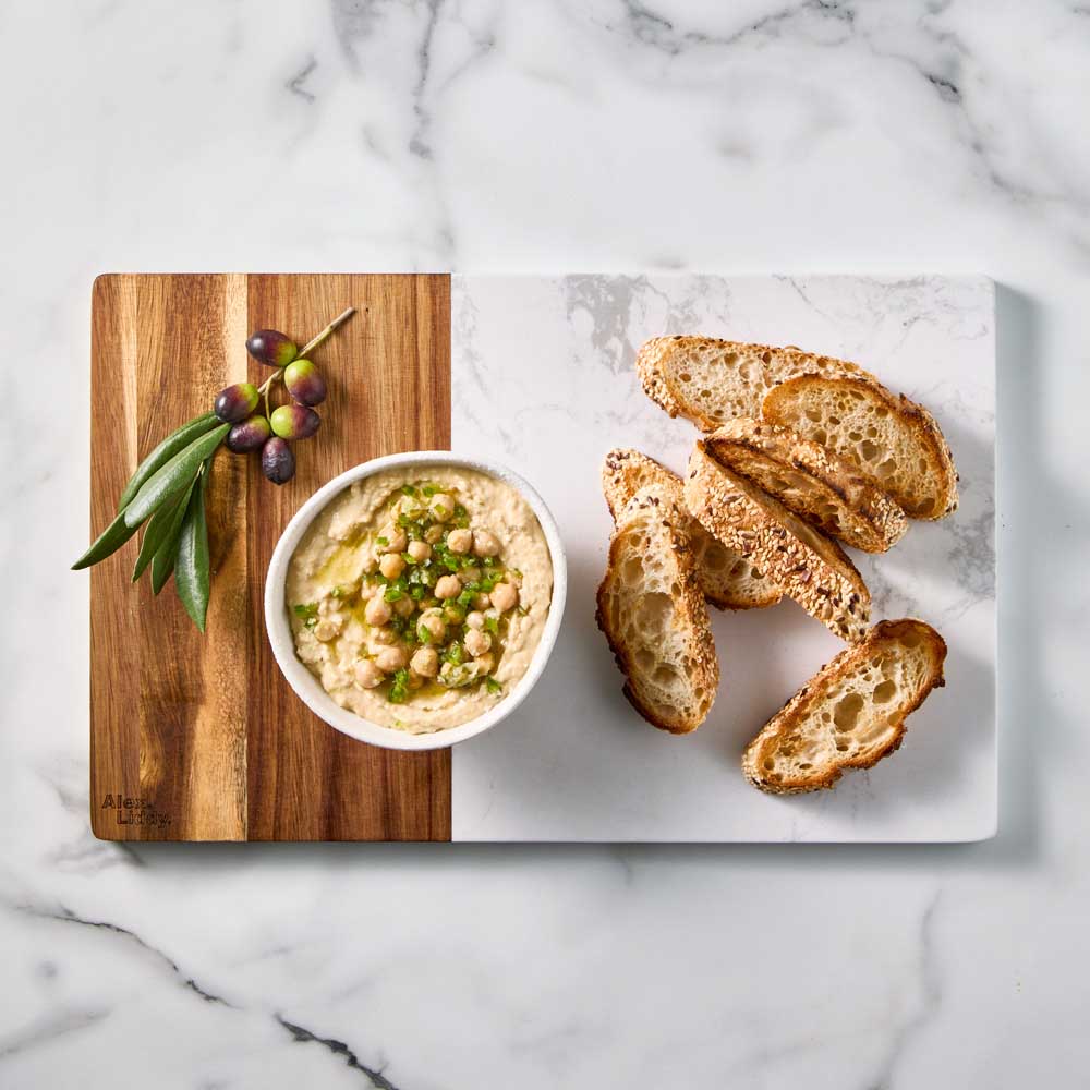 40cm Acacia and Marble Serving Board  with bread and dip - MyHouse