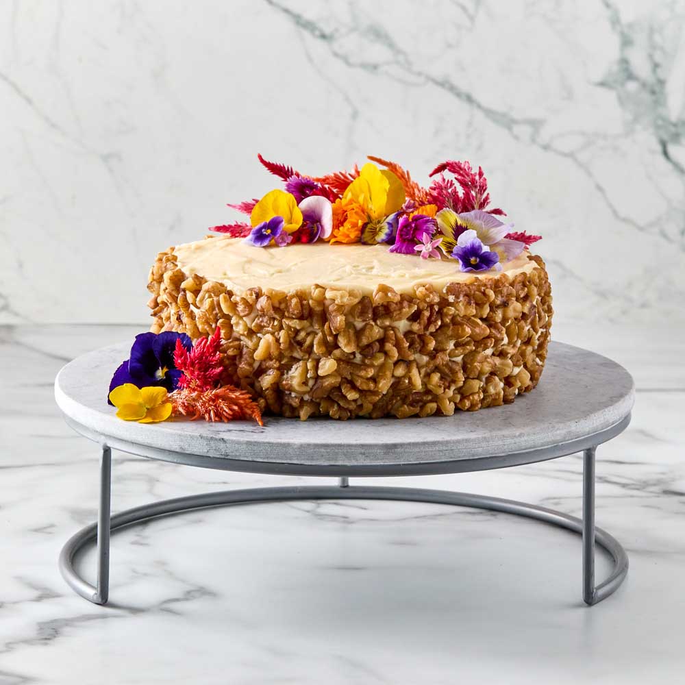 decorated carrot cake on a Marble Serving Board with Stand - MyHouse