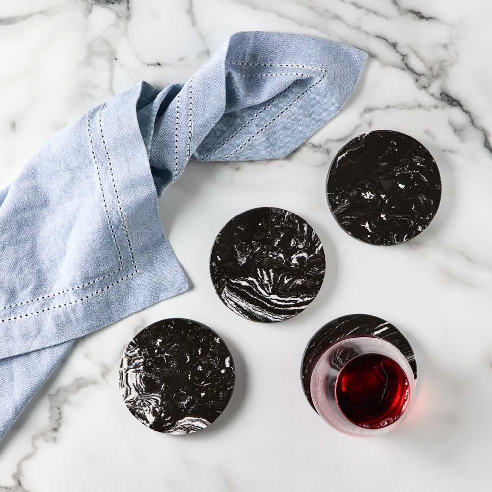 Set of 4 Black Marble Coasters with glass of red wine - MyHouse