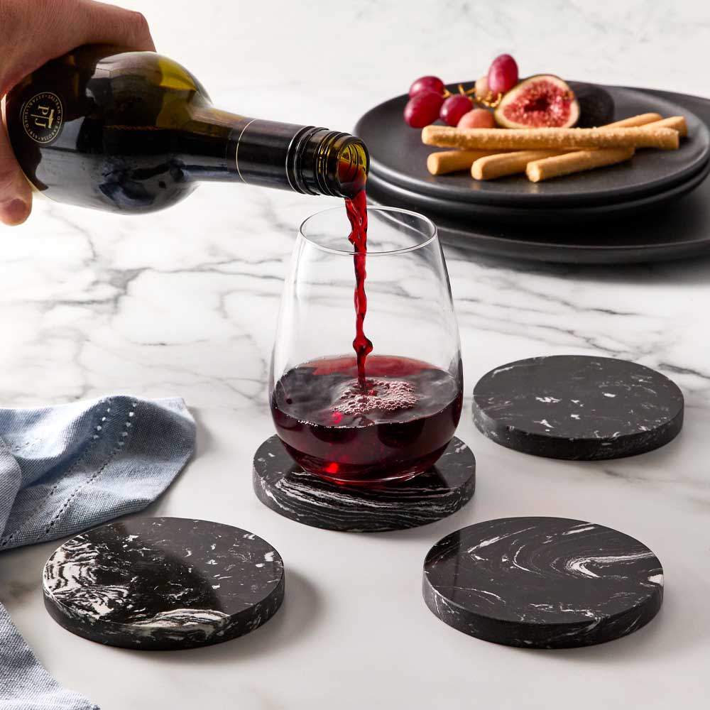 Set of 4 Black Marble Coasters with glass of red wine - MyHouse