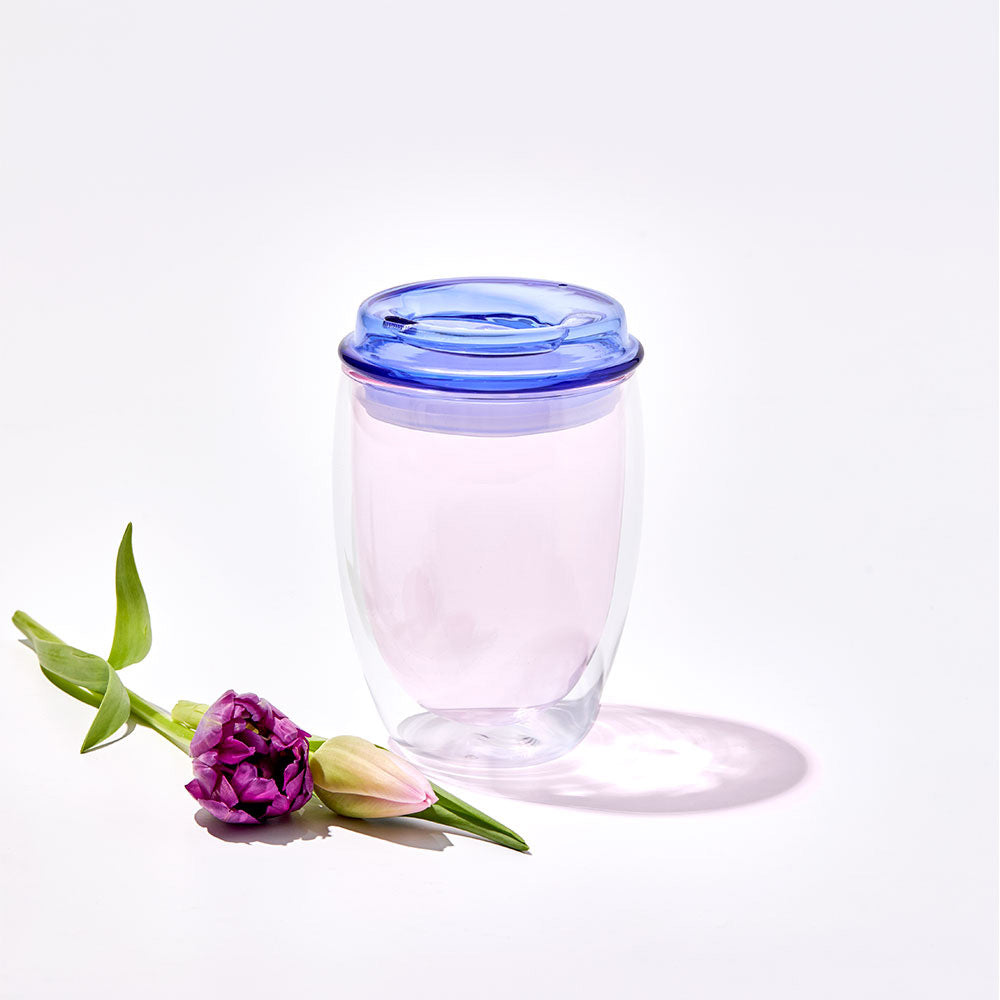 Pink double wall glass travel cup with blue lid - MyHouse
