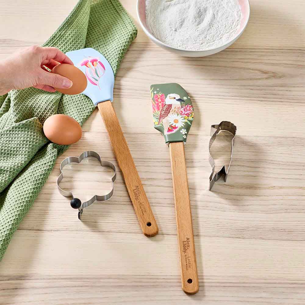 spatulas with Australian native prints with cookie cutter or egg ring