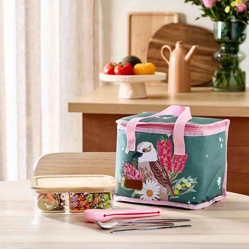 green insulated lunch bag with a Kookaburra print