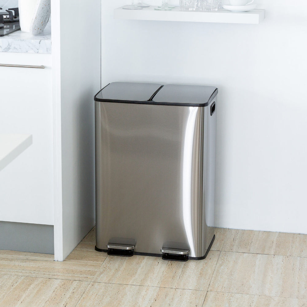 Healthy Choice Stainless Steel Dual Compartment Pedal Operation Rubbish Bin 2 x 30L