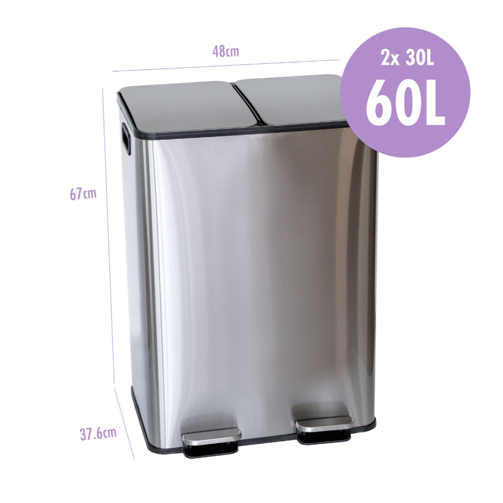 Healthy Choice Stainless Steel Dual Compartment Pedal Operation Rubbish Bin 2 x 30L