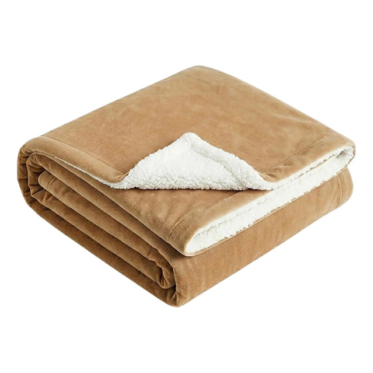 Ardor Hide Sherpa throw folded with caramel suede-look fabric and plush sherpa fleece reverse