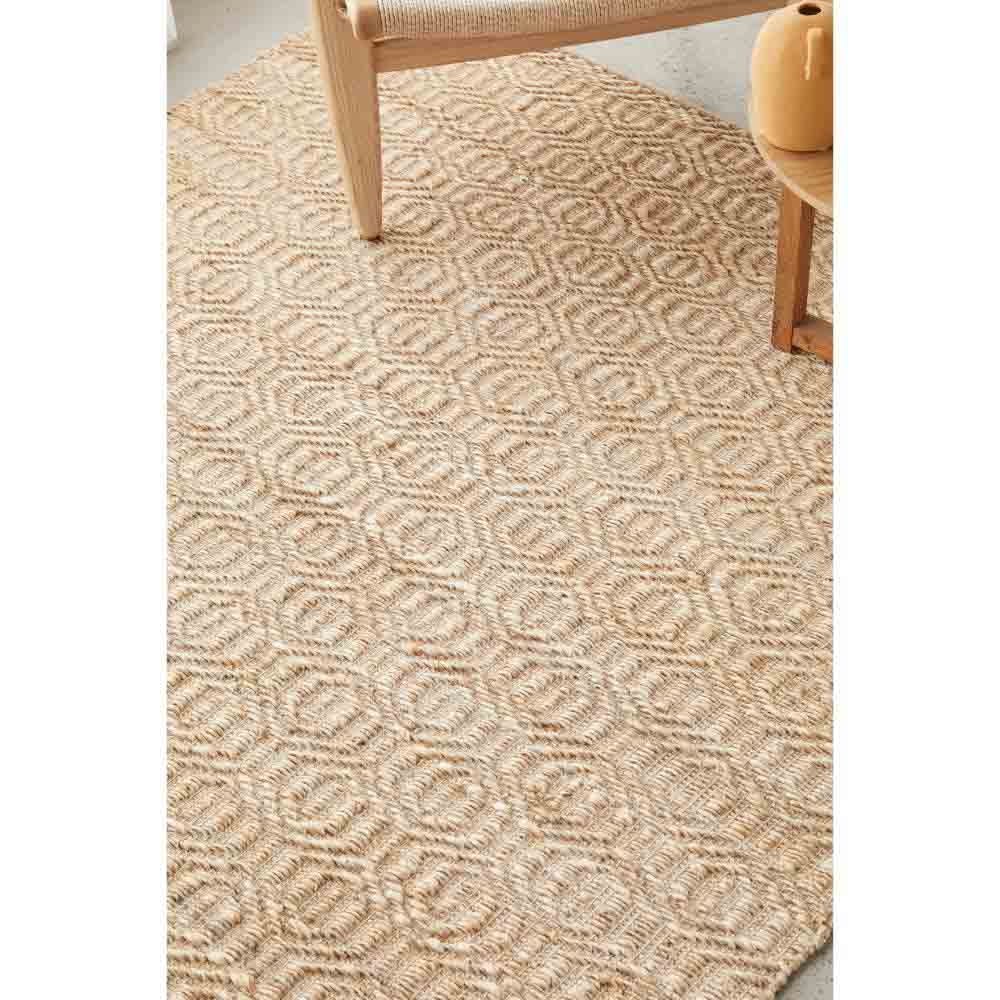 warm beige honeycomb patterned jute rug with armchair - MyHouse