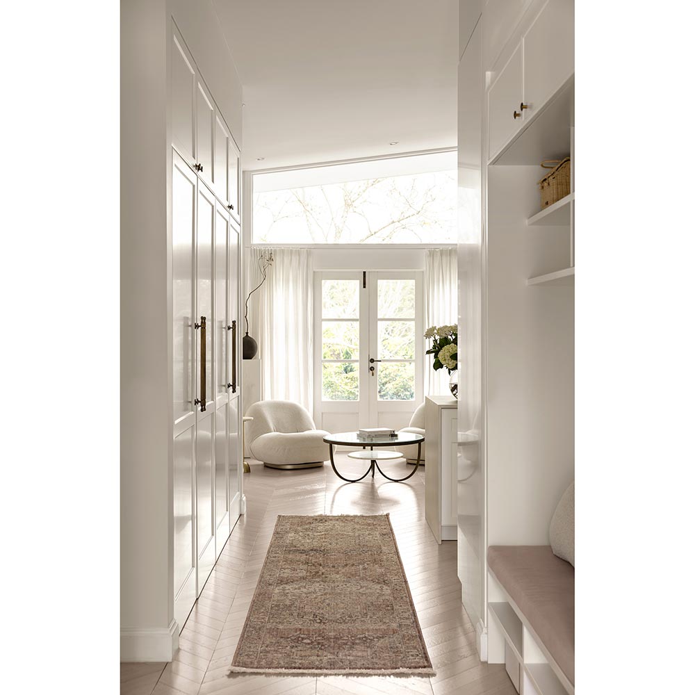 Darren Palmer Heirloom Runner in Plum in hallway leading into a sitting room at MyHouse
