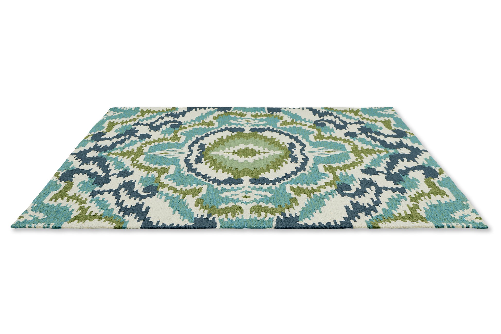 Blue, green aztec Indoor/Outdoor Rug angled image - MyHouse