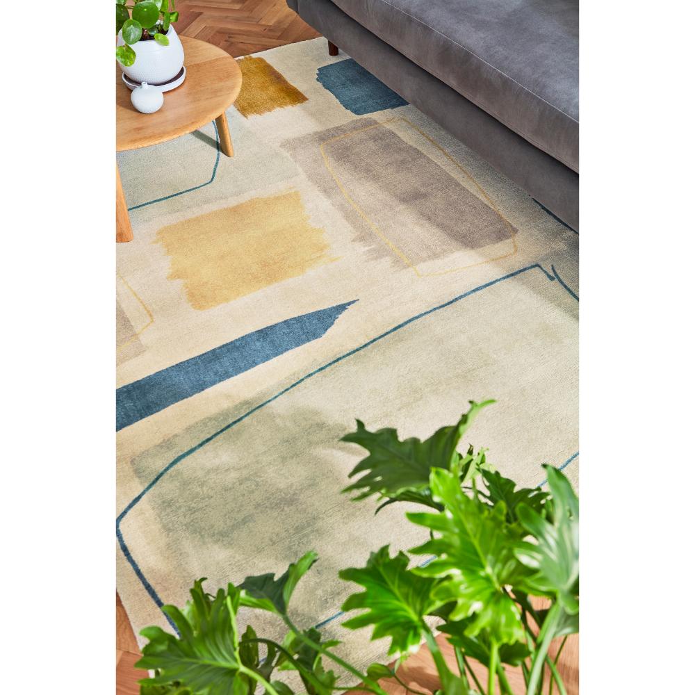 multicolour abstract blocks wool rug in loungeroom - MyHouse