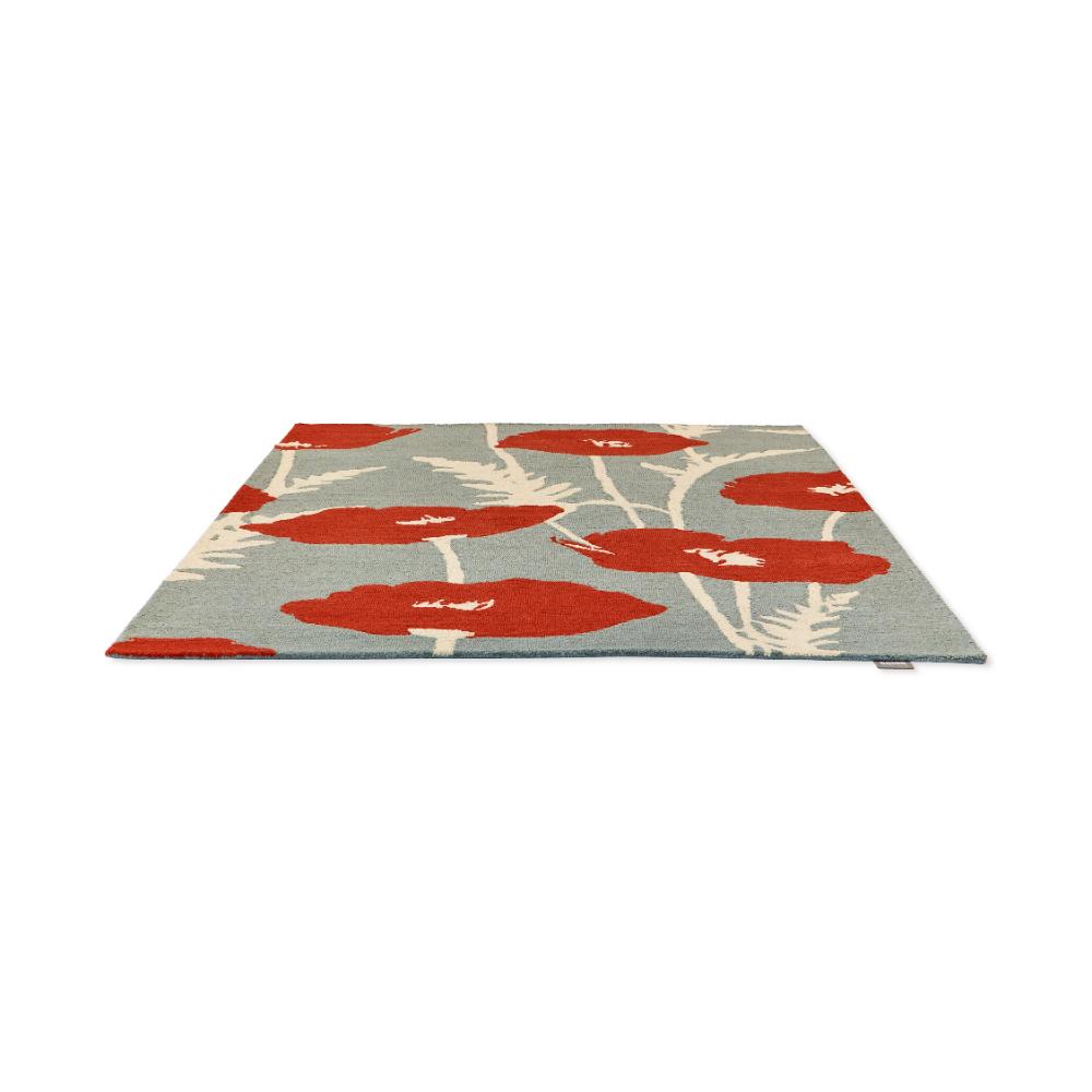 sage wool rug with red poppies angled image - MyHouse