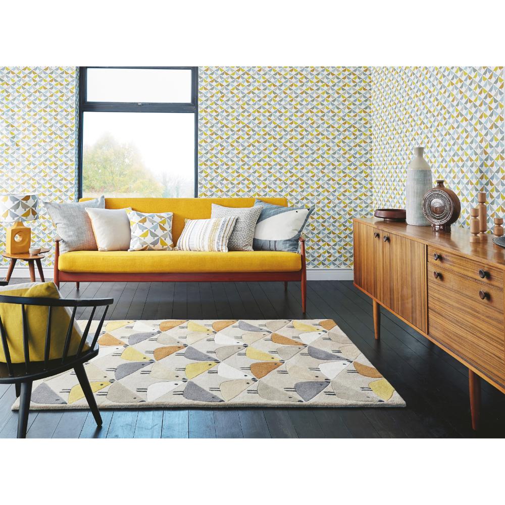 yellow and grey geo bird print wool rug in loungeroom - MyHouse