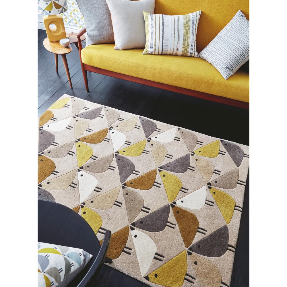 yellow and grey geo bird print wool rug in loungeroom - MyHouse