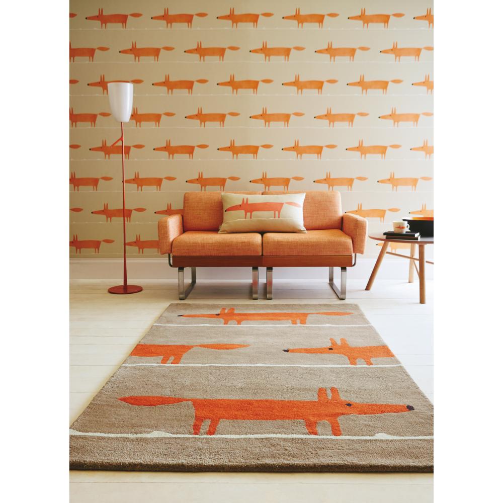 brown and orange fox print wool rug with matching wallpaper - MyHouse