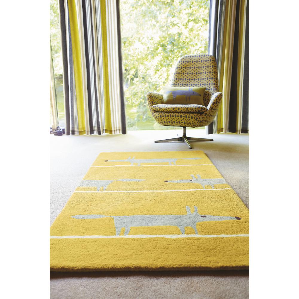 grey and yellow fox print wool rug with yellow armchair - MyHouse