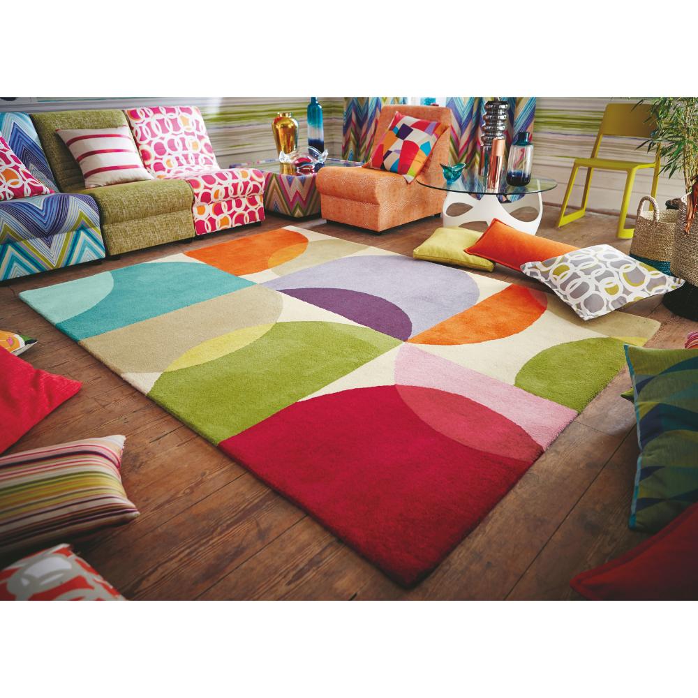 multicolour semi circle design wool rug in vibrant room - MyHouse