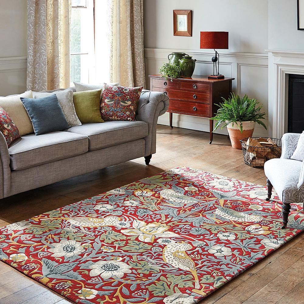 Morris & Co Strawberry Thief Rug Crimson red