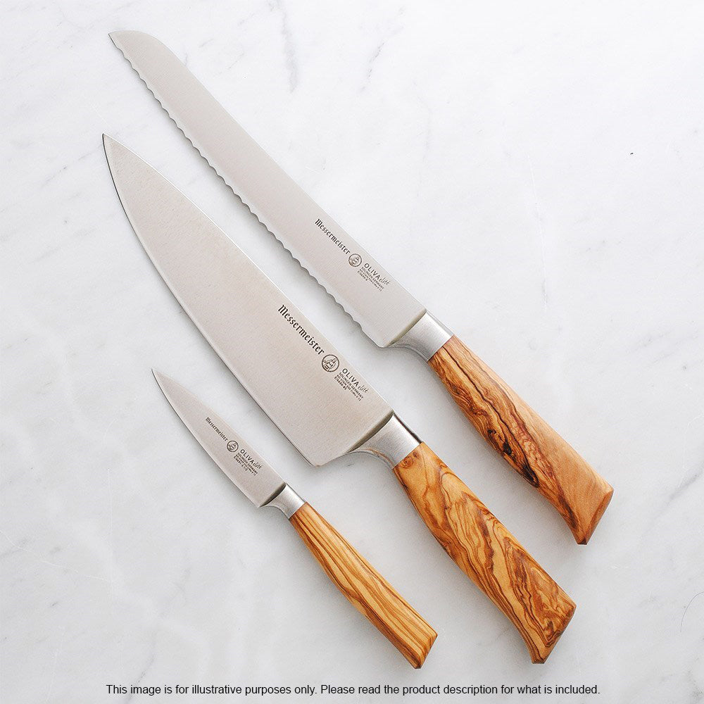 Messermeister Oliva Elite 3 Piece Kitchen Knife Set with Olive Wood Handles