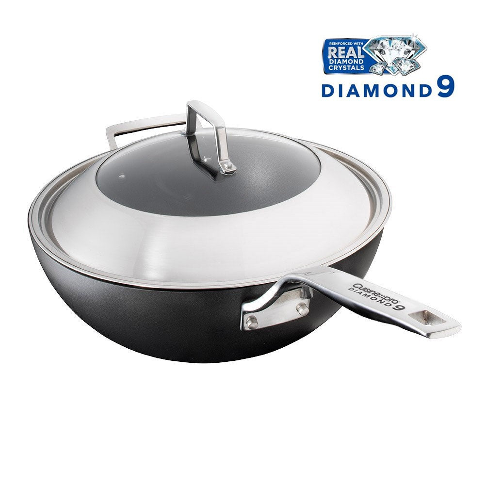 Cuisine::pro Diamond 9 Hard Anodised Non-Stick Wok with Lid 32cm