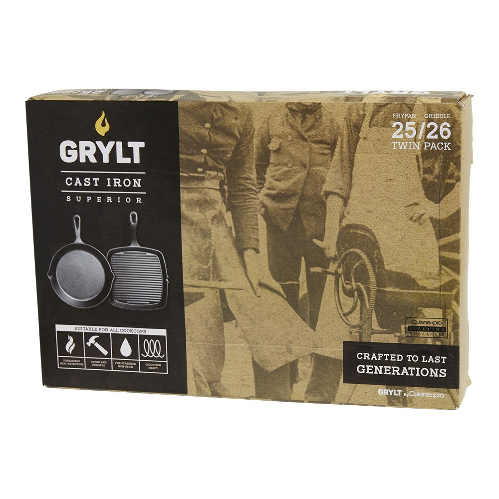 GRYLT Cast Iron Grill Pan 26cm & Frying Pan 25cm Set