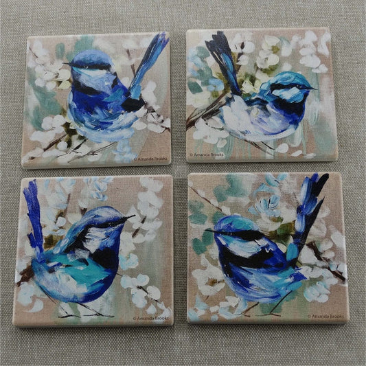 Lilli Rock Petite Blue Wrens Set of 4 Coasters